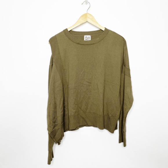 PLANET BY LAUREN G Asymmetric cold shoulder Sweater green pima WOMENS ONE SIZE - Picture 2 of 7